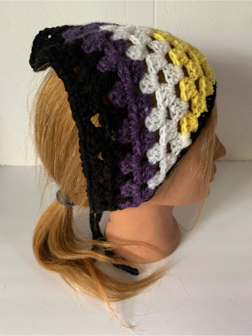 Crochet Bandana Yellow White Purple Black Non Binary Flag Colours